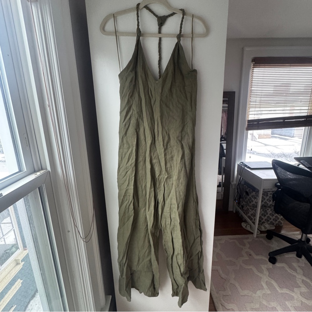 NWT | ZARA 100% LINEN SAGE OLIVE GREEN BRAIDED COVERALL WIDE LEG BOHO JUMPSUIT - Picture 4 of 9